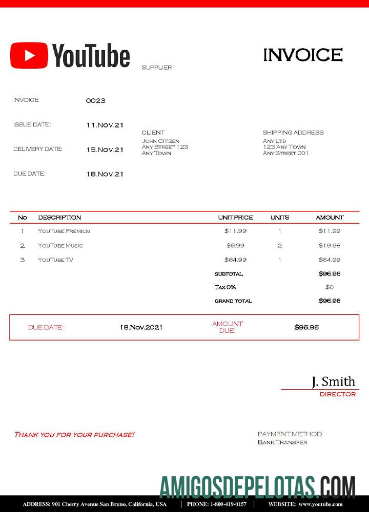 imprimível Modelo de fatura do YouTube nos EUA